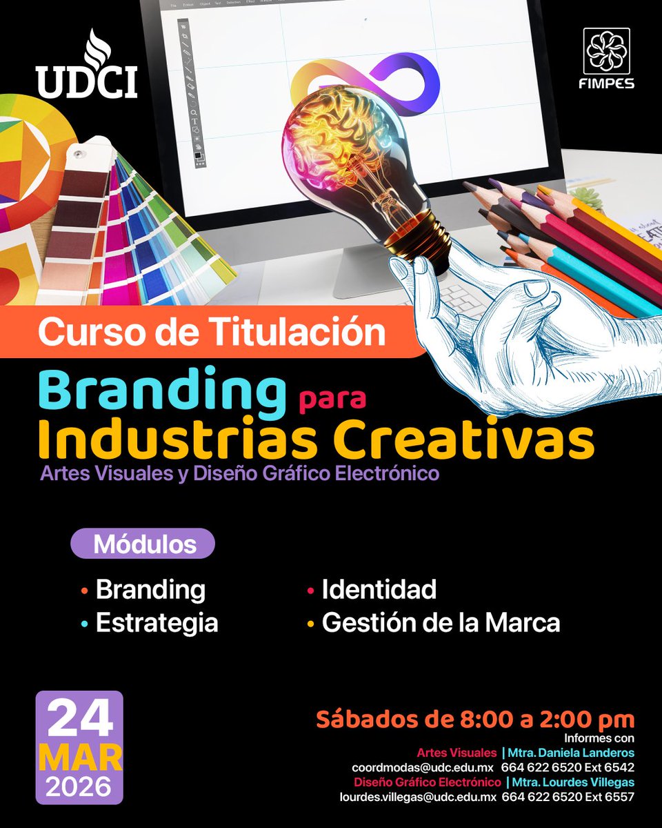 udci_mx's tweet photo. 📣CURSO DE TITULACIÓN📣
Branding para Industrias Creativas

Para egresados de las licenciaturas en:
🎨 Artes Visuales y💡Diseño Gráfico Electrónico

📅 Fecha: Inicia 24 de marzo de 2026
🕗 Horario: Sábados de 8:00 a 2:00 pm

Contacto: lourdes.villegas@udc.edu.mx https://t.co/S44005YBNJ