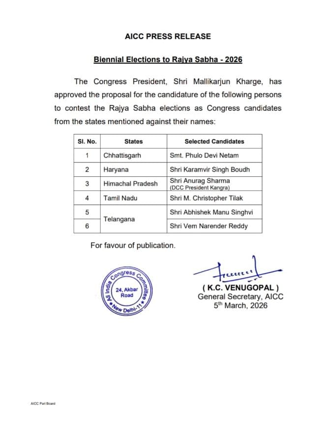 The Congress President Shri <a href="/kharge/">Mallikarjun Kharge</a>, has approved the proposal for the candidature of the following persons to contest the Rajya Sabha elections as Congress candidates from the states mentioned against their names: