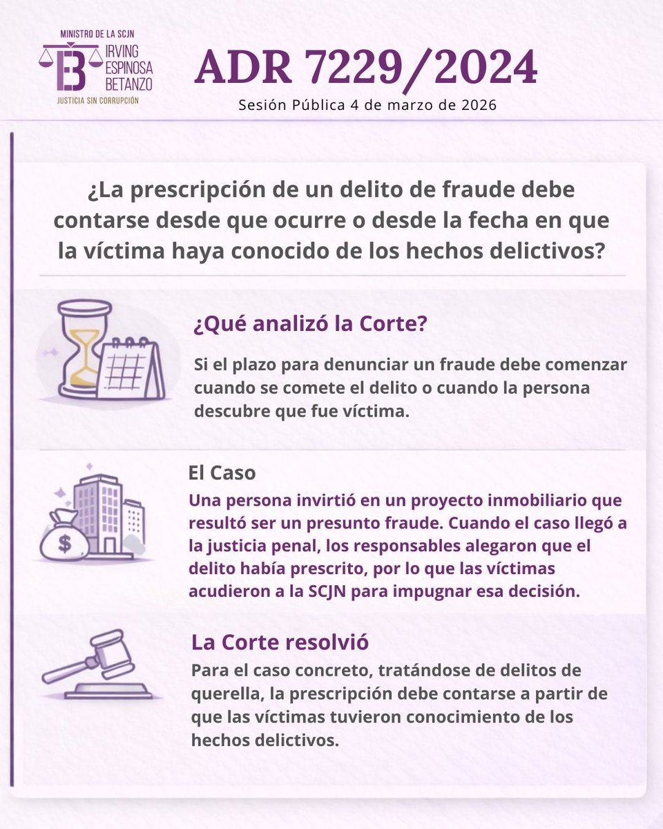 1/2 Desde la <a href="/SCJN/">Suprema Corte</a> determinamos que en los delitos de querella la prescripción debe contarse desde que la víctima conoce los hechos, y no necesariamente desde que ocurrió el delito.