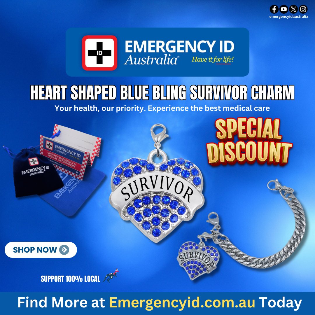 EmergencyIDAust's tweet image. Celebrate strength, courage, and resilience with the Heart Shaped Blue Bling Survivor Charm. Designed to sparkle with meaning, this beautiful charm is a symbol of survival, hope, and personal triumph.

emergencyid.com.au/shop/bracelets…

 #survivorcharm #medicaljewellery #emergencyid