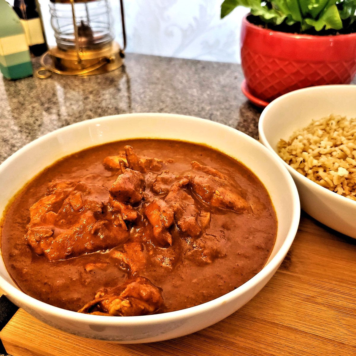 EvelynChartres's tweet photo. Butter Chicken
Don’t let the #Ingredients list deter you. This #Dish is #QuickAndEasy to prepare. It makes for a flavourful and #Spicy #Chicken dish that is sure to leave a smile on your face. #Recipe #Recipes #ButterChicken
https://t.co/vunaT0itID
INGREDIENTS
• 2 tablespoons (30 ml) of curry
• 4 teaspoons (20 ml) of cumin
• 1 teaspoon (5 ml) of coriander
• 1 teaspoon (5 ml) of cardamom
• ⅔ teaspoon (3.34 ml) of cinnamon
• ⅓ teaspoon (1.67 ml) of cloves
• ⅓ teaspoon (1.67 ml) of nutmeg
• 2 teaspoons (10 ml ) of pepper (divided)
• 1 teaspoon (5 ml) of salt
• 1½ pounds (675 g) of boneless and skinless chicken thighs
• ¼ cup (60 ml) of butter
• ½ cup (60 ml) of finely chopped onions
• 2 cloves (5-10 g) of pressed garlic
• 14 fluid ounces (398 ml) of coconut milk
• 5.5 fluid ounces (160 ml) of tomato paste
• 1 tablespoon (15 ml) of honey (optional)
INSTRUCTIONS
• In a small bowl, mix spices (from curry to nutmeg), including 1 teaspoon (5 ml) of pepper. Set aside.
• Salt and pepper chicken. On medium-high heat over a well-oiled pan, fry chicken until outside is seared. Remove from heat and set aside.
• Melt butter in a 3 quart (2.8L) saucepan over medium heat.
• Add onions and garlic to the pan. Sauté until the onions are transparent.
• Add the bowl of spices, and stir until the contents take on the consistency of paste.
• Add coconut milk, and tomato paste. Mix until you have a consistent finish and bring to a boil.
• Add chicken and bring to a simmer on low. Simmer for about an hour, or until the chicken breaks apart.
• If too spicy, add honey to temper the spice.
• Serve with brown Basmati rice and vegetables of choice.