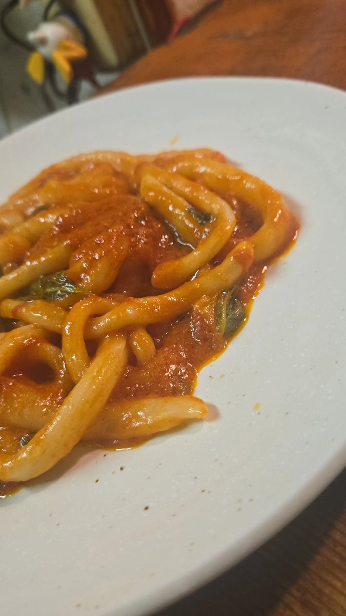 シンプル
うどんみたいな太さのピチ
トマトソース
他はなんも要らないね

#パスタ