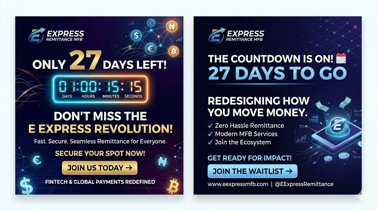 sidrastart.com/project/1c3966… The clock is ticking! ⏳
​Only 27 DAYS LEFT to join the E EXPRESS REMITTANCE MFB revolution. Don’t just watch the future of digital banking and seamless remittances happen—be a part of it from Day 1! 🚀
​Secure your spot now and transform how you move