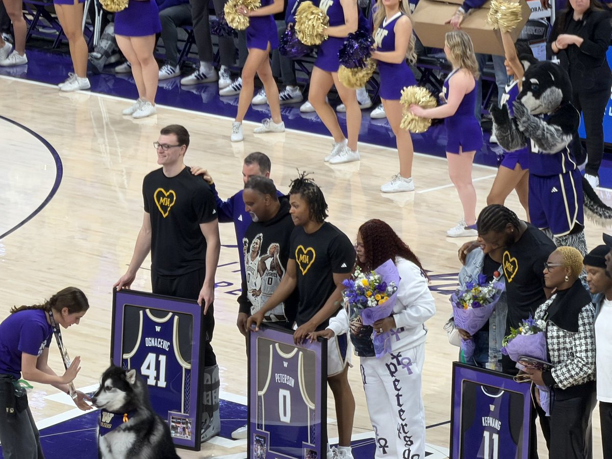 Coe_Aaron's tweet image. An atypical #Huskies senior class is honored at senior night. Franck Kepnang has been honored before, and could be again as he’s eligible for a 7th season. Senior transfers Quimari Peterson and Jacob Ognacevic were also recognized.