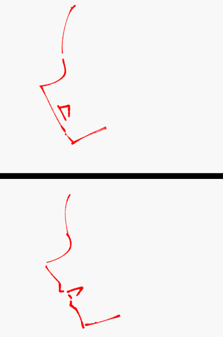 横顔の口元の処理で、上の描き方を私はよくやってたけど、「この描き方は古いですよ」と言われる事があり、
「単にデフォルメ具合で描き分けてるだけなんですけお!?」って思ってた。 