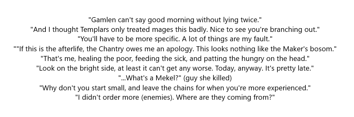 SongbirdN7's tweet photo. For all its flaws I will always love DA2. Every line that comes out of purple Hawke's mouth is pure gold. https://t.co/OFjdSztqQZ
