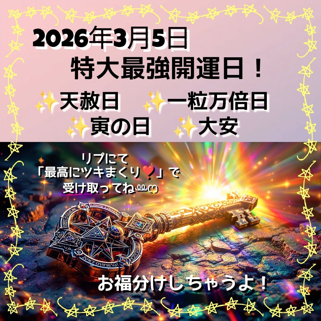 ✨みやびからのサプライズ✨
特大の《お福分け》しちゃうよᡣ𐭩·͜·ᰔᩚ
見つけてくれたあなたは超ラッキー🍀

本日2026年3月5日は
🌈天赦日 🌾一粒万倍日 🐯寅の日  
🌈大安の超最強クワトロ吉日が
重なってる年内今日限りの最強開運日❣️
次回、同じ条件が重なるのは68年後⁉️

お財布を新しくしたり