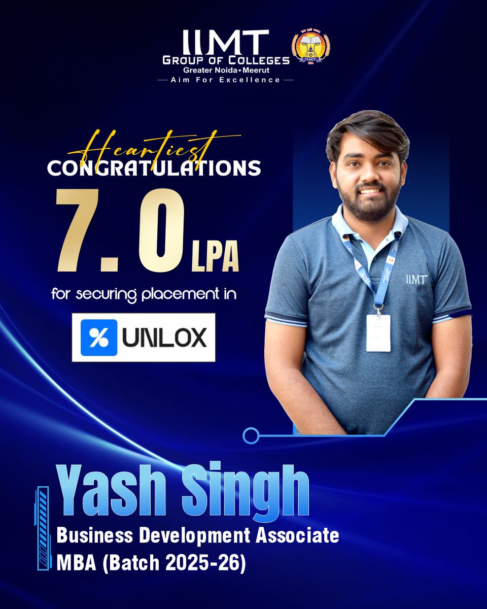 iimtnoida's tweet photo. Big congratulations to Yash Singh!
We are absolutely thrilled to announce that Yash Singh, a proud student of our MBA program, has secured a placement at Unlox Academy as a Business Development Associate!
#Congratulations #PlacementSuccess #StudentAchievement
#MBAPlacement https://t.co/hcfWuBXOIi
