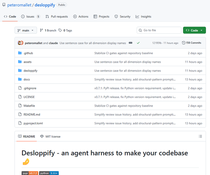 CodeAboveAll's tweet photo. The Same Dev that built DataClaw (600K)

built a Desloppify app.

We have been seeing too much slop lately

Isn't this the perfect runner?  

Sending 100% of fees to the github and I'm going to try to onboard the creator

https://t.co/9xZ5yk1Piv https://t.co/nXh3kR1dlk