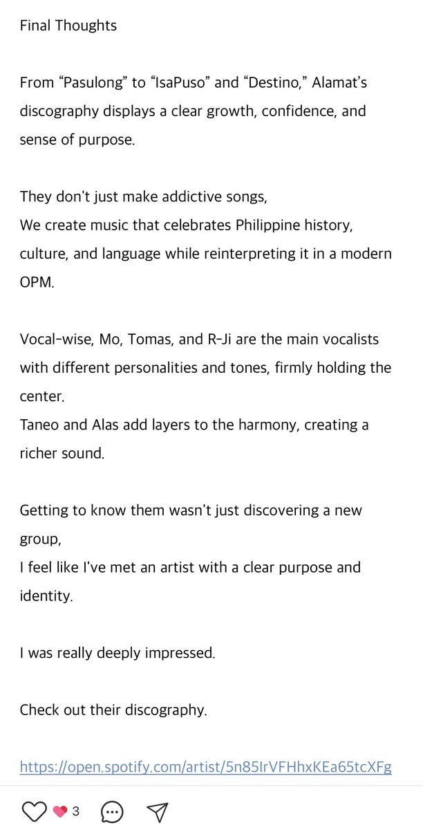 On the topic of social media for Alamat. 
A Korean Magiliw featured them on a Naver(South Korea’s Google) Blog. 

The post already has engagement (3 likes so far) and even included links to their YouTube and Spotify discography. 🥹

From the blog:
P-Pop boy group  “Alamat” is