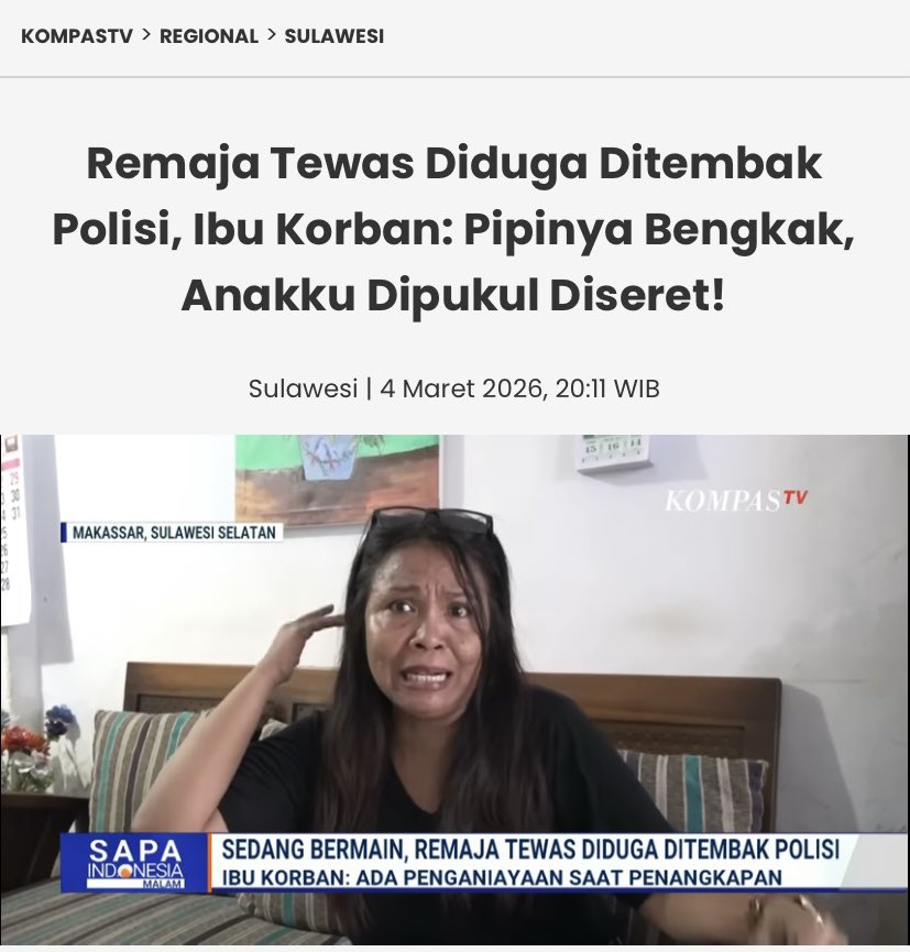 awalnya keluarga diberitau kalau korban dibawa ke RS krn luka tembak &amp; masih hidup

belakangan, ibu korban mengetahui ada bekas penganiayaan di tubuh korban

keluarga minta polisi mengusut tuntas krn selain luka tembak, ada luka lebam di pipi

korban diduga mengalami penganiayaan