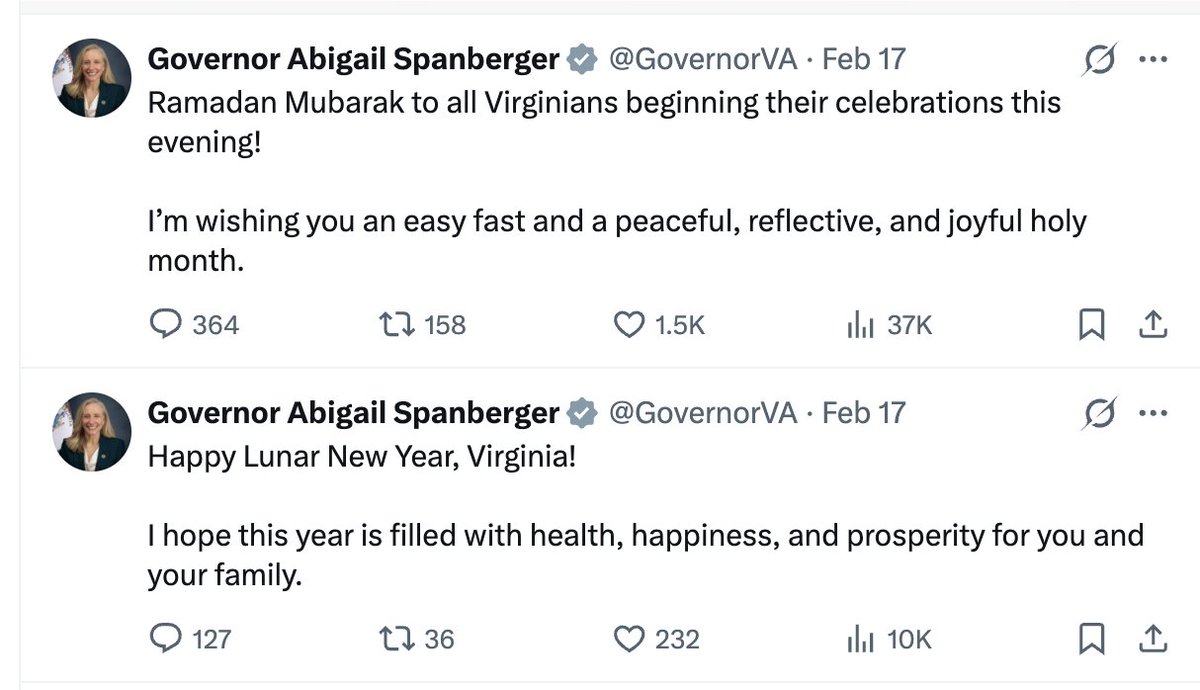 Abigail Spanberger had a post for the Chinese New Year, Ramadan, and Holi.

But had nothing to say about the beginning of Lent.

She isn't doing that by accident.