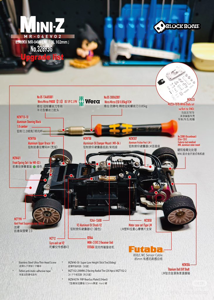 MU7j4's tweet photo. Endgame Mini-Z MR-04 EVO2 build complete! 🏎️💨 Full aluminum upgrades, and ready for the Mazda 787B body. Zoom in for the exact parts list! 🔍 #MiniZ #Kyosho #Mazda787B #MicroRC https://t.co/vo97WKCMWh