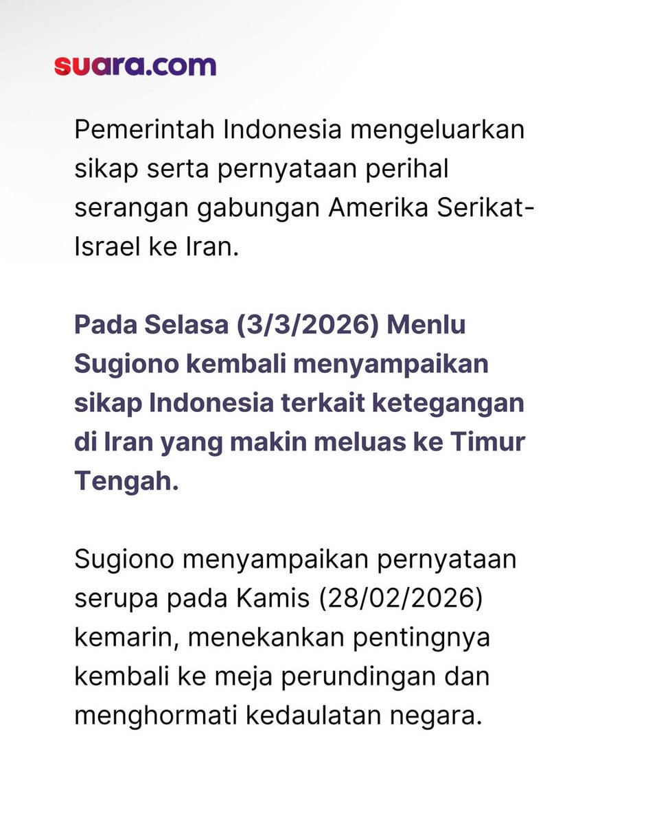 suaradotcom's tweet image. Pemerintah Indonesia tak mengutuk serangan AS-Israel ke Iran dan wafatnya Khamenei.

Sugiono menegaskan pentingnya menahan diri dan kembali ke meja diplomasi.

Indonesia menyerukan penghormatan terhadap kedaulatan dan penyelesaian damai.

Ada komentar, Sobat Suara?

DG #menlu