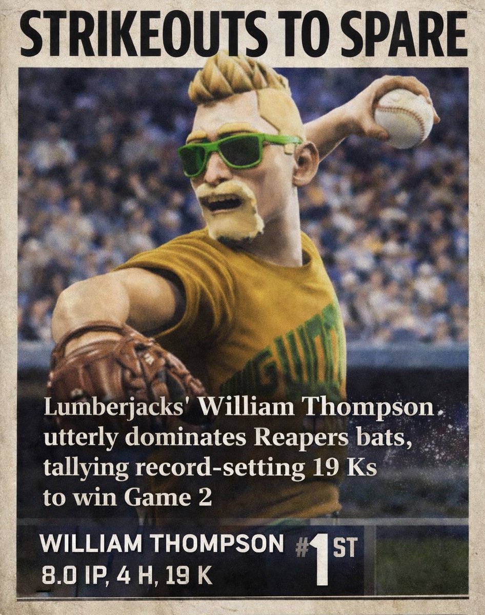 Strikeouts to spare.

William Thompson dominates the Reapers in Game 2 with a historic performance:
8.0 IP | 4 H | 19 K

Absolute ace energy for the Lumberjacks. 🔥⚾️
#SBL #Lumberjacks #StrikeoutShow