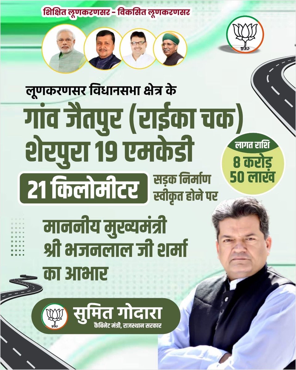 ##बजट_2026
राईका चक,जैतपुर से शेरपुरा से 19 MKD सड़क निर्माण ।
राशि 8 करोड़ 50 लाख ,21 km लम्बाई ।
बरसो से क्षेत्रवासियों की महती मांग का निस्तारण ।
माननीय मुख्यमंत्री श्री भजन लाल जी शर्मा को हार्दिक आभार।
शिक्षित लूणकरणसर।
विकसित लूणकरणसर।
#RoadtoSuccess #RoadToGlory #develop