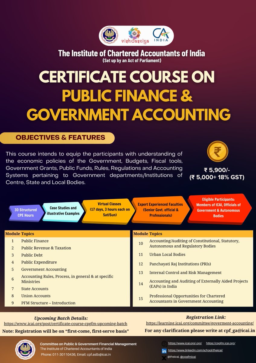38th online batch of Certificate Course on Public Finance &amp; Government Accounting of P&amp;GFMC of ICAI is commencing from 5th April, 2026. Classes on Saturdays &amp; Sundays only. For details, please visit: resource.cdn.icai.org/90356cpgfm-aps…