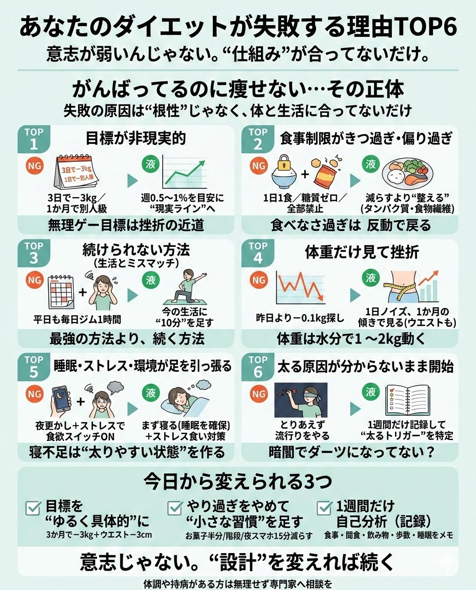 obanaika1's tweet photo. 🥗🏃‍♀️ あなたのダイエットが失敗する理由TOP6

「私、意志が弱いのかな…」
そう思ってる人ほど、先にこれを知ってほしい。

失敗の原因は“根性不足”じゃなくて
体と生活に合ってない「仕組み」の問題なことが多いです。

よくある落とし穴TOP6👇

1）目標が非現実的
「3日で−3kg」は無理ゲー。現実ラインに落とす。

2）食事制限がきつ過ぎ・偏り過ぎ
禁止だらけ→反動で爆発しやすい。整える発想へ。

3）続けられない方法を選んでる
最強の方法より、あなたが続く方法が最強。

4）体重だけ見て挫折
体重は水分で1〜2kg動く。1か月の傾きで判断。

5）睡眠・ストレス・環境が足を引っ張る
寝不足は食欲スイッチを押しやすい。まず寝る。

6）太る原因が分からないまま始めてる
原因不明のままは暗闇でダーツ。まず1週間だけ記録。

そして、今日から変えられる3つ👇

✅ 目標を“ゆるく具体的”に
✅ やり過ぎをやめて“小さな習慣”を足す
✅ 1週間だけ自己分析（食事・間食・睡眠・歩数）

📌 保存して、次のダイエット計画の前に見返してください。
「意志」じゃなく「設計」を変えれば、続きます。