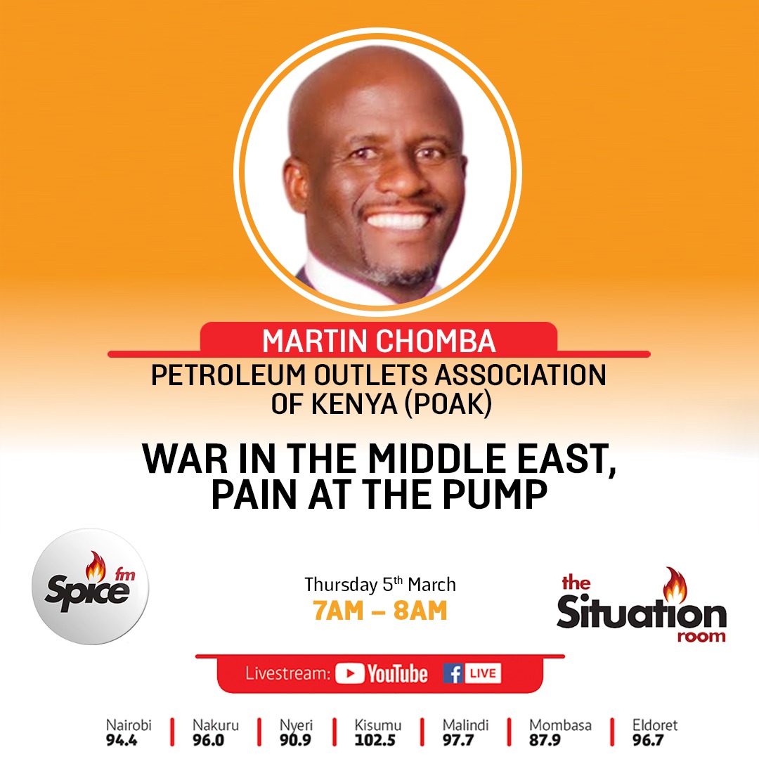 SpiceFMKE's tweet photo. How does global conflict affect your wallet? Today in The Situation Room, we’re joined by Martin Chomba, Chairman of the Petroleum Outlets Association of Kenya (POAK). We are breaking down the direct link between the "War in the Middle East" and the "Pain at the Pump" here in Kenya. 
#TheSituationRoom
