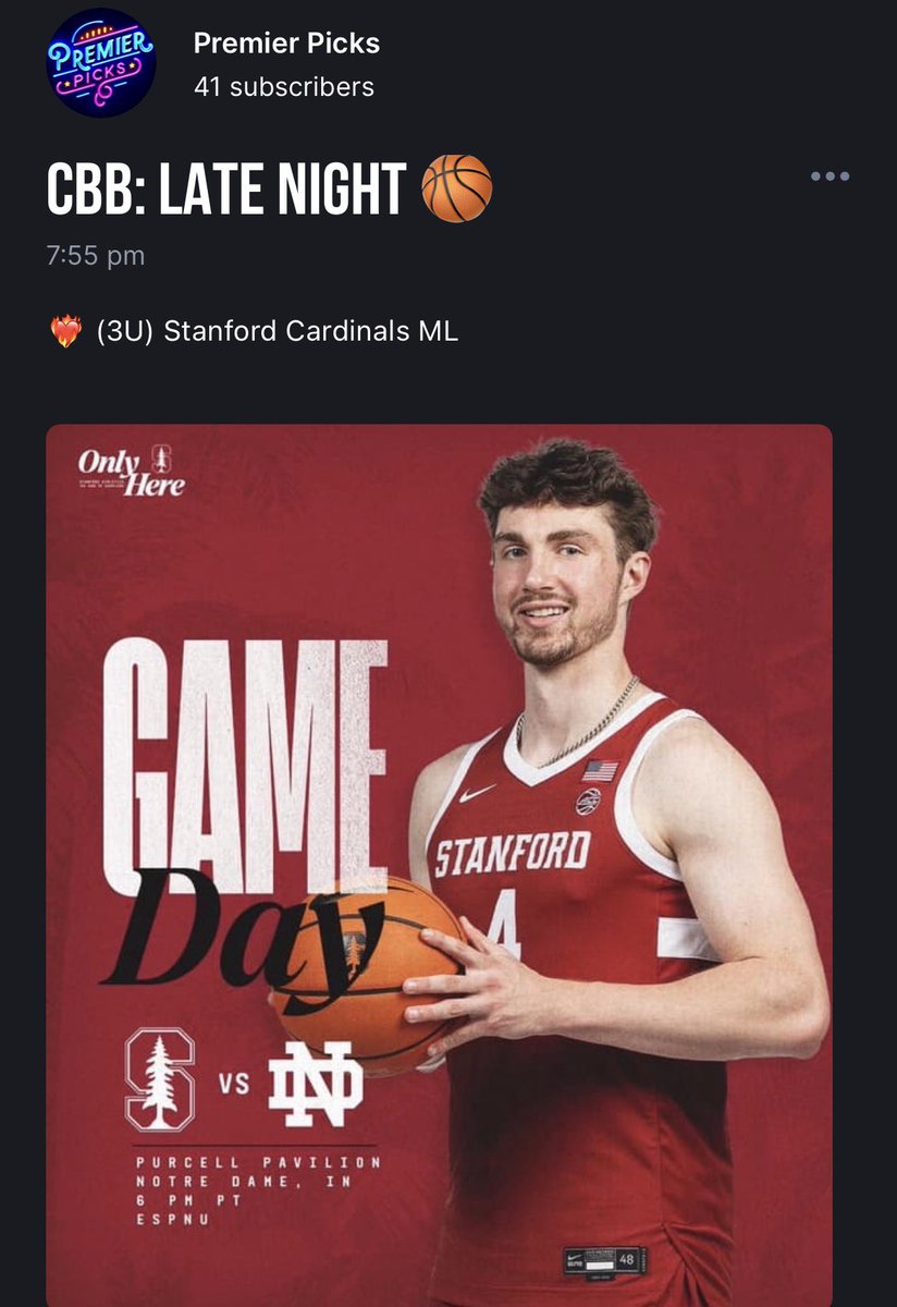 premier_pick's tweet image. CBB: LATE NIGHT 📈

✅ (3U) Stanford Cardinals ML 

I’m Magnetized to Winning. 🧲

I’m on a Different Frequency. ⚡️

Winning Follows Me. ✨

| #CBB | #CollegeBasketball | #Stanford | #SportsBettingX | #SportsCappers |
