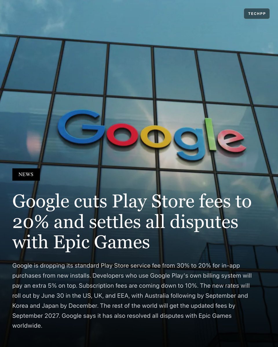 techpp's tweet image. Google cuts Play Store fees to 20% and settles all disputes with Epic Games

#Google #EpicGames #PlayStore #Android