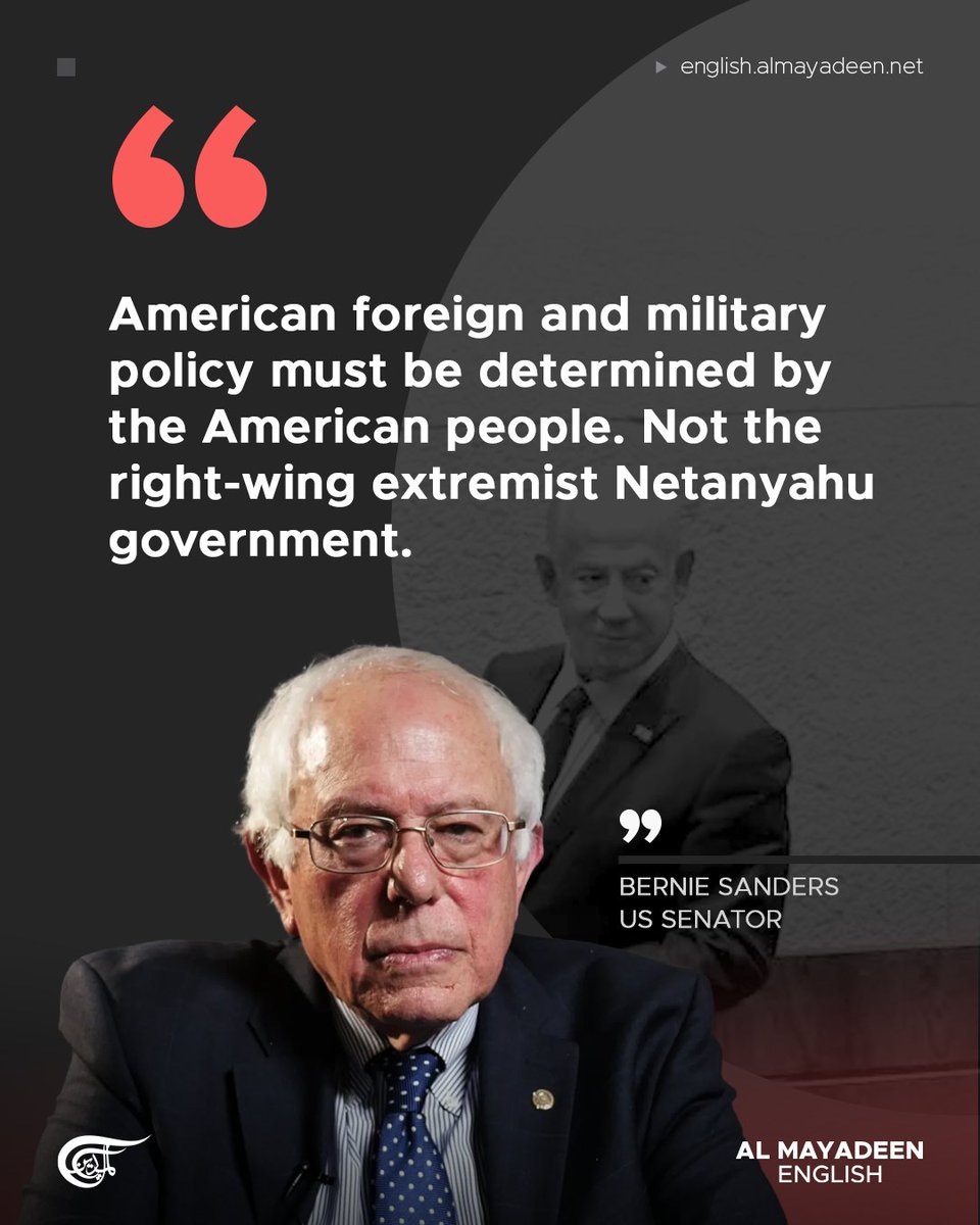 MayadeenEnglish's tweet image. #US Senator #BernieSanders criticized President Donald Trump over the US-Israeli war on Iran, accusing him of aligning US foreign and military policy with the agenda of Israeli Prime Minister Benjamin Netanyahu.

"Netanyahu wanted billions to flatten #Gaza. He got it. Netanyahu