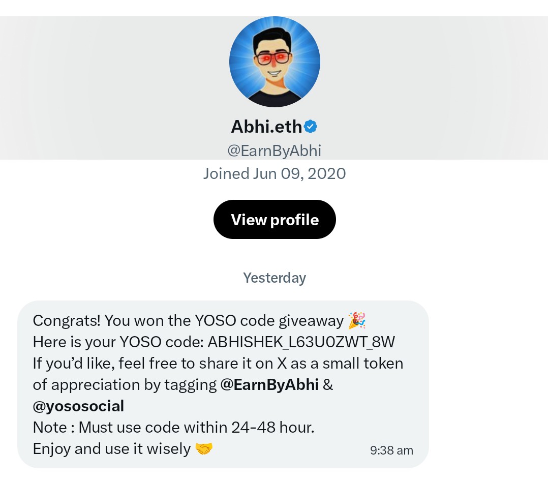 Theonlyhuman5's tweet photo. Thanks @EarnByAbhi for giving me @yososocial code.
Means a lot for me ..
And I like the way you hosted this giveaway
Handling the audience with clarity and giving the codes personally to the most deserving users..
And I'll remember the advice "use it wisely" going forward🤭🙏 https://t.co/FSK9N7P9YR