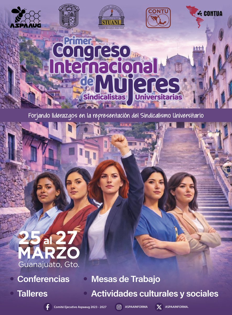 💜🐝 Del 25 al 27 de marzo te esperamos en la UG, en el Primer Congreso Internacional de Mujeres Sindicalistas Universitarias.
Registra tu participación en las Mesas de Trabajo, realiza tu registro de asistencia y conoce el programa de actividades en 👉🏽 aspaaug2015.com/MuSiUni/
