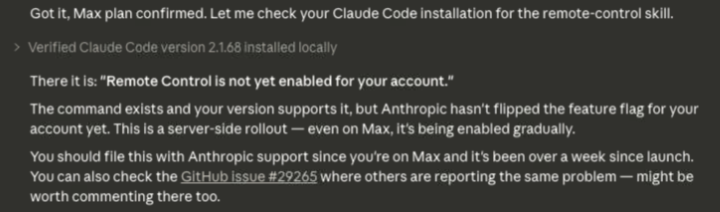iandolan's tweet photo. @bcherny @rcmisk Claude says my Max account does not have Remote Control enabled yet... I've submtted support ticket several days ago. How can I get this resolved? https://t.co/OxbgCFtPtR