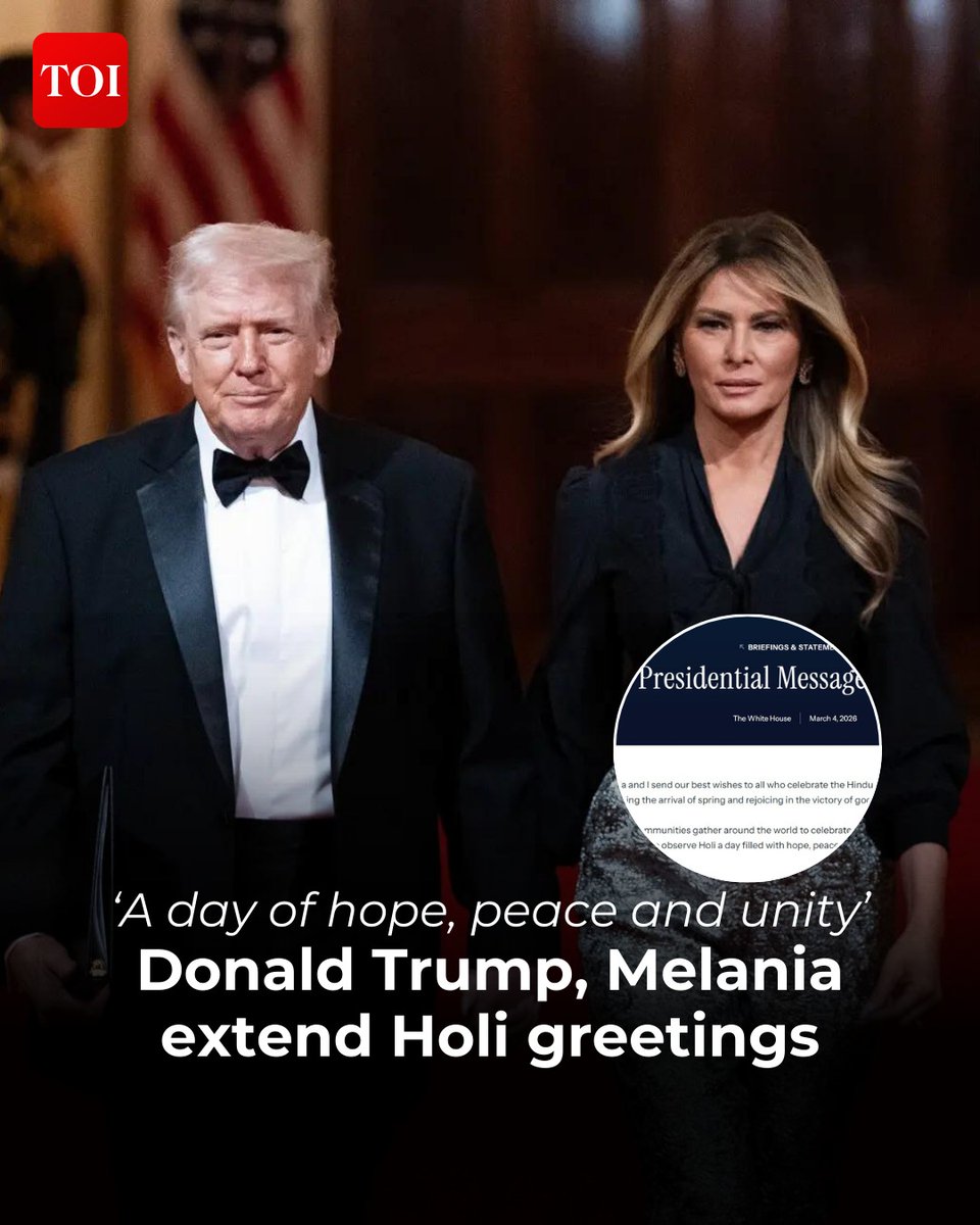 timesofindia's tweet image. US President #DonaldTrump extended warm greetings for #Holi, recognizing the Hindu festival as a harbinger of spring and a symbol of good triumphing over evil. He conveyed wishes for hope, peace, and unity to all celebrating this vibrant festival of #colours. 

More details 🔗
