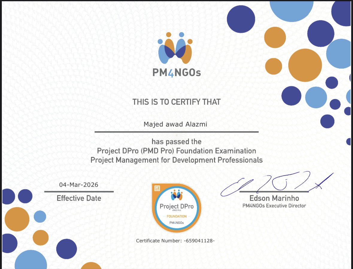 majedawa1995's tweet photo. يسعدني الإعلان عن حصولي على شهادة محترف إدارة المشاريع التنموية (Project DPro) من PM4NGOs، أتطلع إلى تطبيق هذه المعرفة في المشاريع التنموية المستقبلية والمساهمة في تحقيق تأثير مستدام في المجتمع.

#إدارة_المشاريع_التنموية #ProjectDPro #القطاع_الغير_الربحي #التنمية_المستدامة https://t.co/PSBgPjtKRx