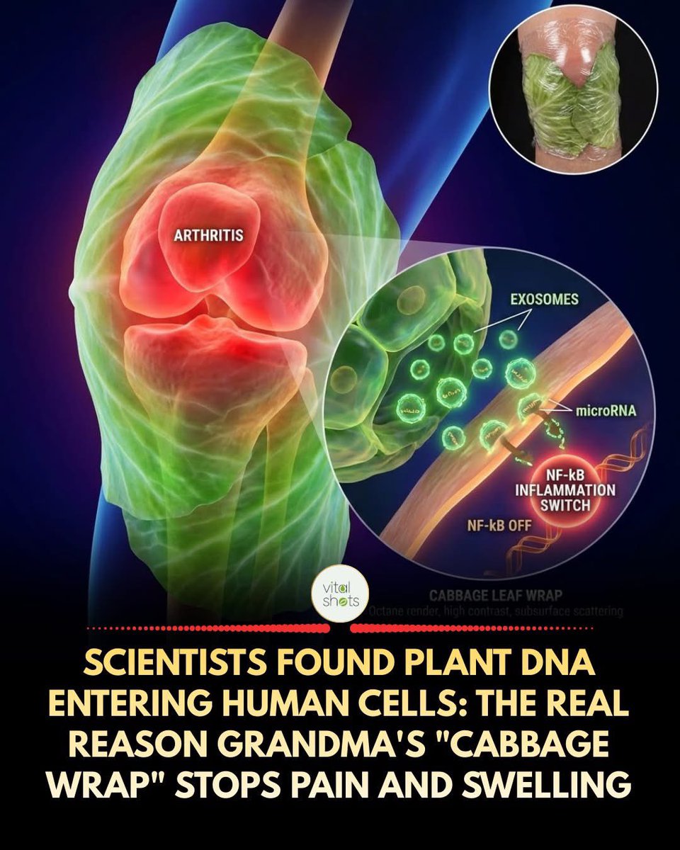 argosaki's tweet photo. 2026’s Genetic Hack: 
Cabbage Leaves’ MicroRNA Silences Arthritis Pain – 
As Potent as Drugs, Zero Side Effects
( Videos & Sources below 👇) 

For ages, nursing moms and those with joint issues have turned to cabbage leaves to ease puffiness, often brushed off by medics as mere placebo or chill relief. 

Recent science flips that script.
A pivotal 2022 study pinpointed a key plant microRNA (miR172a) in cabbage. 

✅The process: 
Bruise the leaf and slap it on skin—these molecular couriers slip through unhindered. Inside, they latch onto your FAN gene (Factor Associated with Neutral Sphingomyelinase), muting the trigger for swelling.

This is inter-species gene tweaking: 
Plant code dialing down human fire. 
Research pegs it equal to Diclofenac (Voltaren) gel for knee OA, minus the risks.
⚡ Pro Tip: Activation Steps:
Opt for Savoy or red cabbage (rich in anthocyanins).

✅SMASH IT: 
Essential—roll with a pin or bottle to bust cells, freeing juices and RNAs.
Bandage the area, seal with wrap for moisture lock.
Sit tight 2 hours. Plants aren’t just eats; they’re data drops. 

In 2026’s biohacking era, could cabbage tech inspire gene-edited veggies for chronic pain?

Videos

•YouTube: “Benefits of Cabbage Leaves on the Knee for Osteoarthritis” – Explains study-backed relief 
Link: https://t.co/cVMo1gTjm1 
•YouTube: “How to Make a Cabbage Leaf Wrap for Joint Pain & Swelling” – Step-by-step demo Link: https://t.co/sWuQ8YYMkU 
•YouTube Short: “Just One Cabbage Leaf Can take your Joint pain away” – Link: https://t.co/p1lo6OBA77 

Verification: 
Core claims hold; 2016 RCT shows cabbage wraps better than usual care but equal to diclofenac for knee OA pain. 

2022 study suggests superior to diclofenac in some metrics, plus cooling pads similar. MicroRNA miR172a-FAN mechanism validated in 2022 mouse RA model, explaining anti-inflammatory action. Not placebo—genetic/cross-kingdom regulation confirmed. 
Sources :
Key verifying links:
1PubMed: 2016 RCT Cabbage Wraps OA - https://t.co/jMusBBwMxP 
2SciSpace PDF: 2016 Study Full - https://t.co/nHpf6RTzdN 
3PMC: 2022 Cabbage vs Gel/Diclofenac - https://t.co/WXdXQ3xeTh
4PubMed: 2022 miR172a FAN Study - https://t.co/h1f5ubbyiE 
5Frontiers: miR172a Anti-Inflammatory - https://t.co/kXwJ3SLeB6 
6Facebook: ScienceNaturePage Post - https://t.co/z8wPmqdj17 
7PubMed: 2022 Cabbage Gel Trial - https://t.co/MgQH80EggK 
8ClinicalTrials: Cabbage OA Study - https://t.co/exgIJ9j1Mt 
9FactCrescendo: Cabbage Arthritis Fact-Check - https://t.co/8SWYhQlW1y 
10PedagogyEducation: Cabbage NSAID-Level Help - https://t.co/7y5nqYbRlB