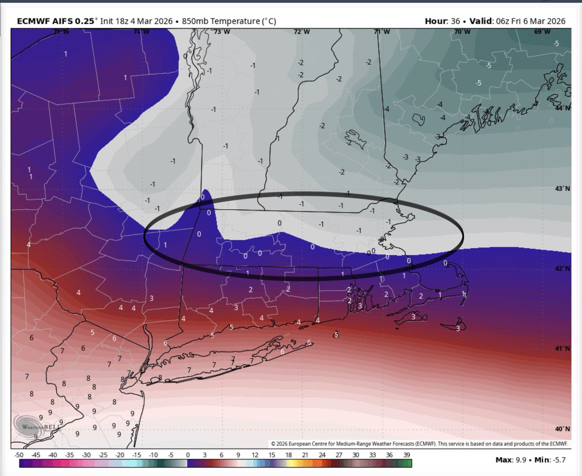 BradyBGWX's tweet photo. 850 is almost exactly specifically where the warm tongue is to a tee for this event and it’s very minor notice during when peak precipitation happens

Notice all of the 0-1 degree margins is where dynamic cooling can make a notable difference and it’s why accumulating to plowable snowfall to go along with sleet versus freezing rain in Mass is my focus.

Models will deceive though(even the hi res).

Legitimate 2-5/4-8+ snow/sleet potential here imo.

There’s an extreme ceiling that’s not impossible for double digits somewhere but not worth putting much weight on with so much mischief at thermals.

Only reason I mention is how much precip is on the table and how heavy the snow rates could be potentially if dynamic cooling does indeed win out

But just thought I bring up all of my passing thoughts going through with a little less filter.