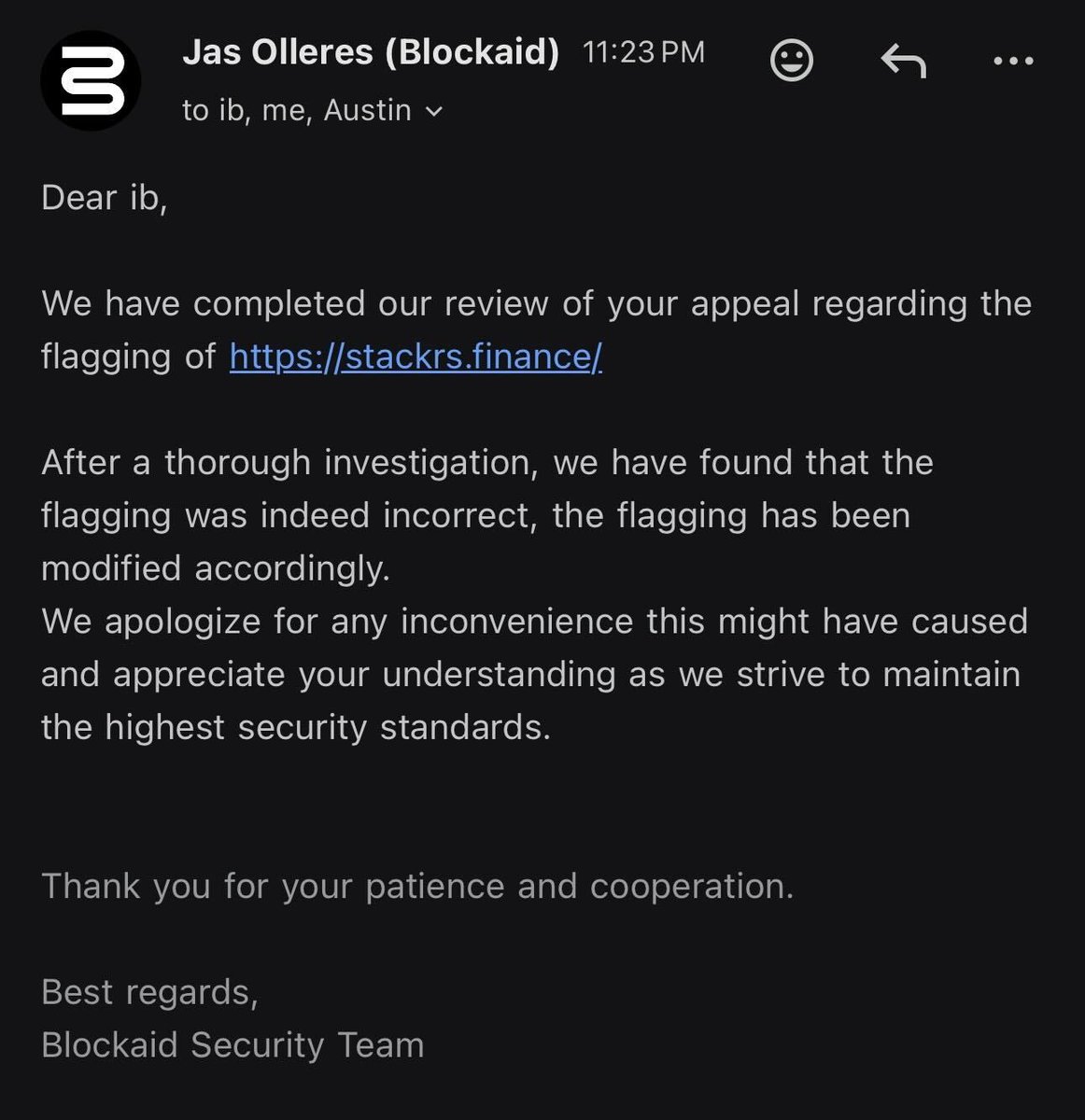 STACKRSonchain's tweet photo. BlockAid has fully removed the flags on the contract. https://t.co/ejzisbF79f