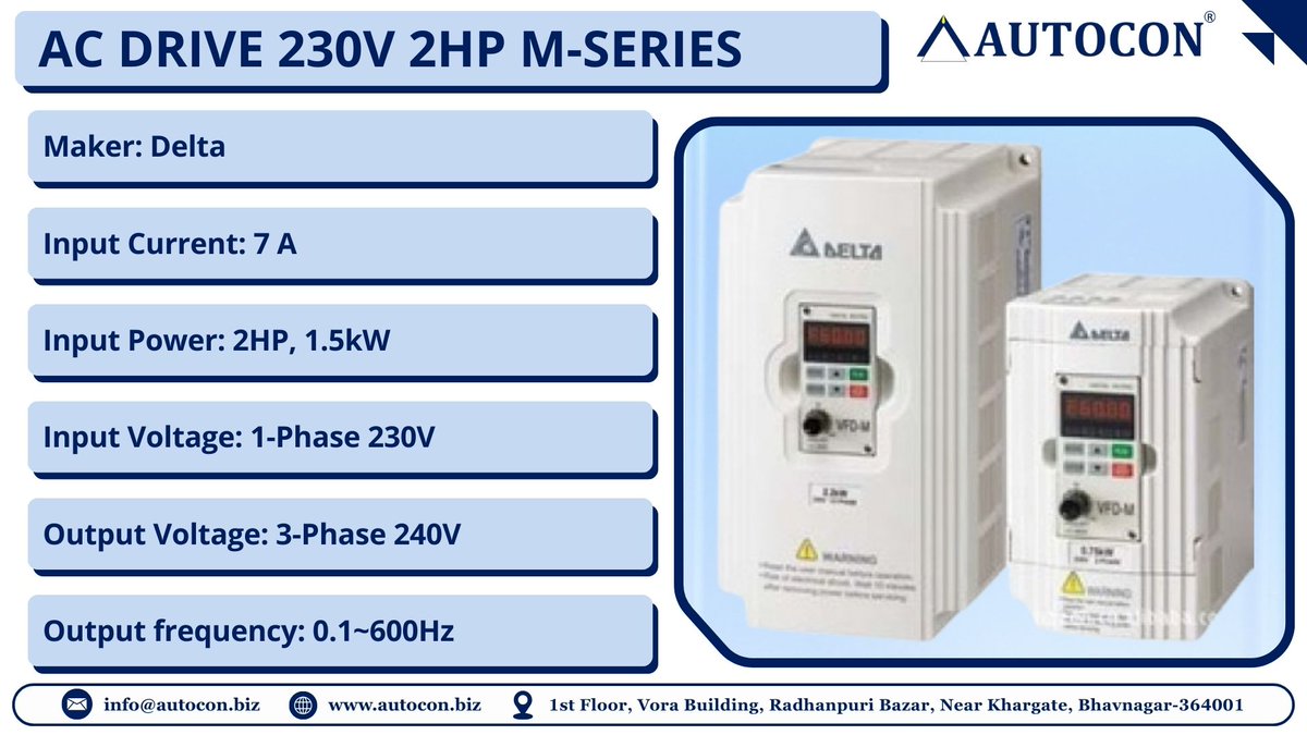 Autocon_Inst's tweet image. ⚡ AC Drive 230V 2HP – M Series
✔ 1-Phase 230 V Input
✔ 3-Phase 240 V Output
✔ 0.1~600 Hz Frequency
✔ 1.5 kW Power
Reliable &amp;amp; energy-efficient solution for industrial automation.
📍 Bhavnagar
🌐 autocon.biz
#autocon #ecommerce #ACDrive #Automation #Delta