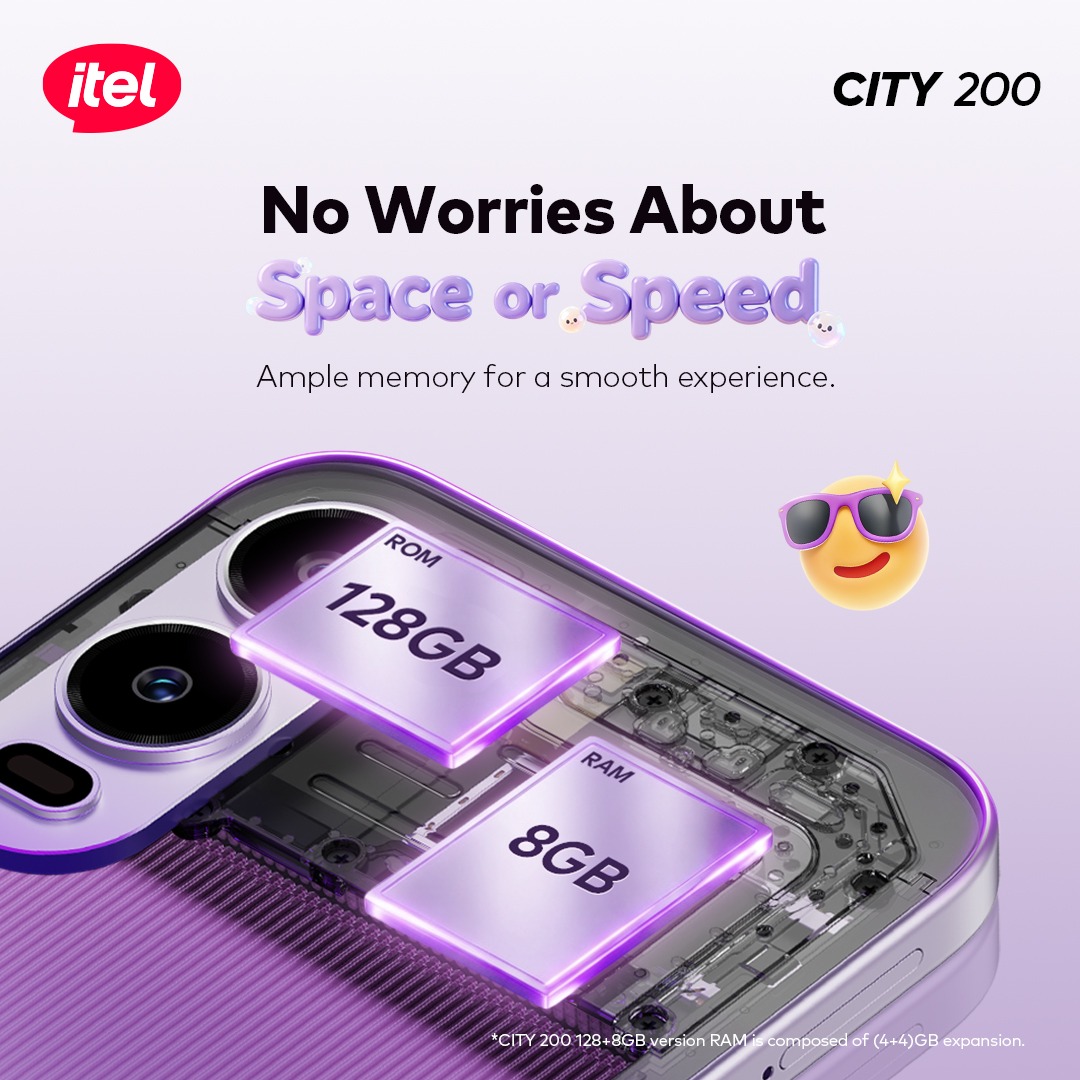 itelNigeria's tweet photo. If your phone ever said “Storage almost full”… we’ve all been there. 
CITY 200 gives you 128GB storage + up to 8GB RAM for smoother switching and more space for what matters.
Keep the pics. Keep the apps. Keep the pace.