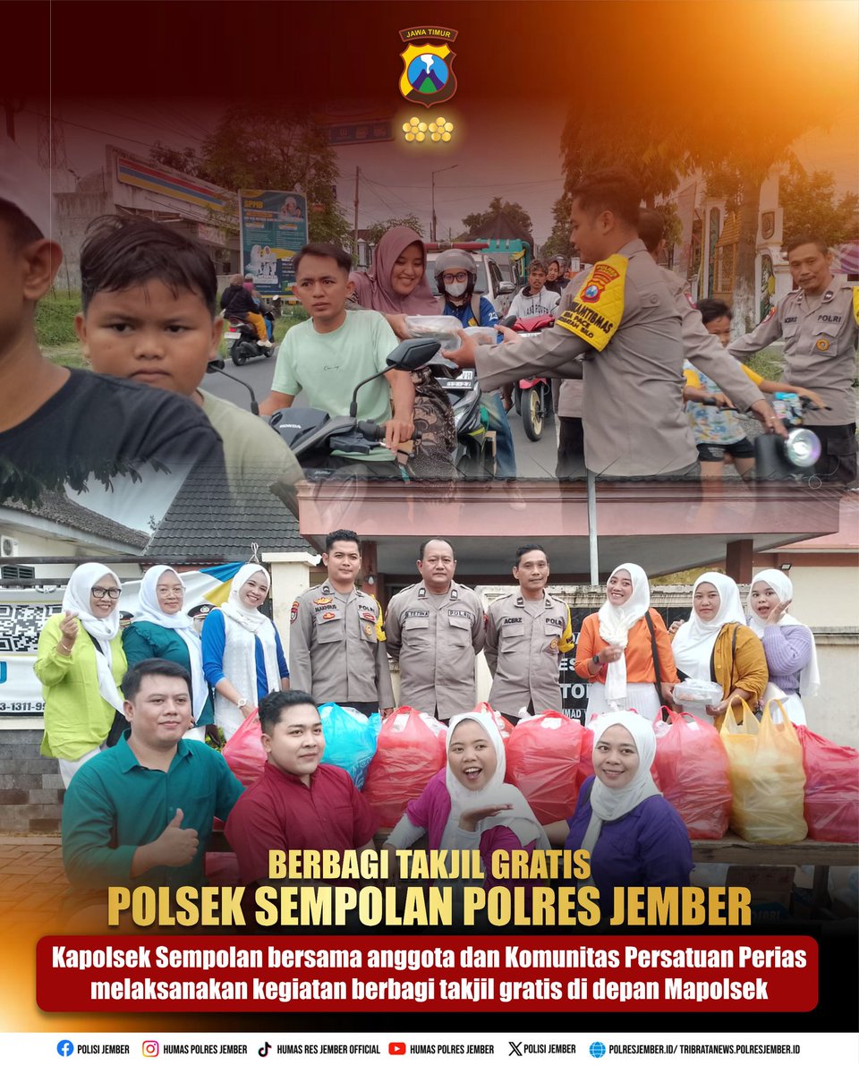 Polres Jember melalui Polsek Sempolan bersama Komunitas Perias Jember Timur melaksanakan Berbagi Takjil gratis di Jalan Raya depan Mako Polsek  Sempolan.