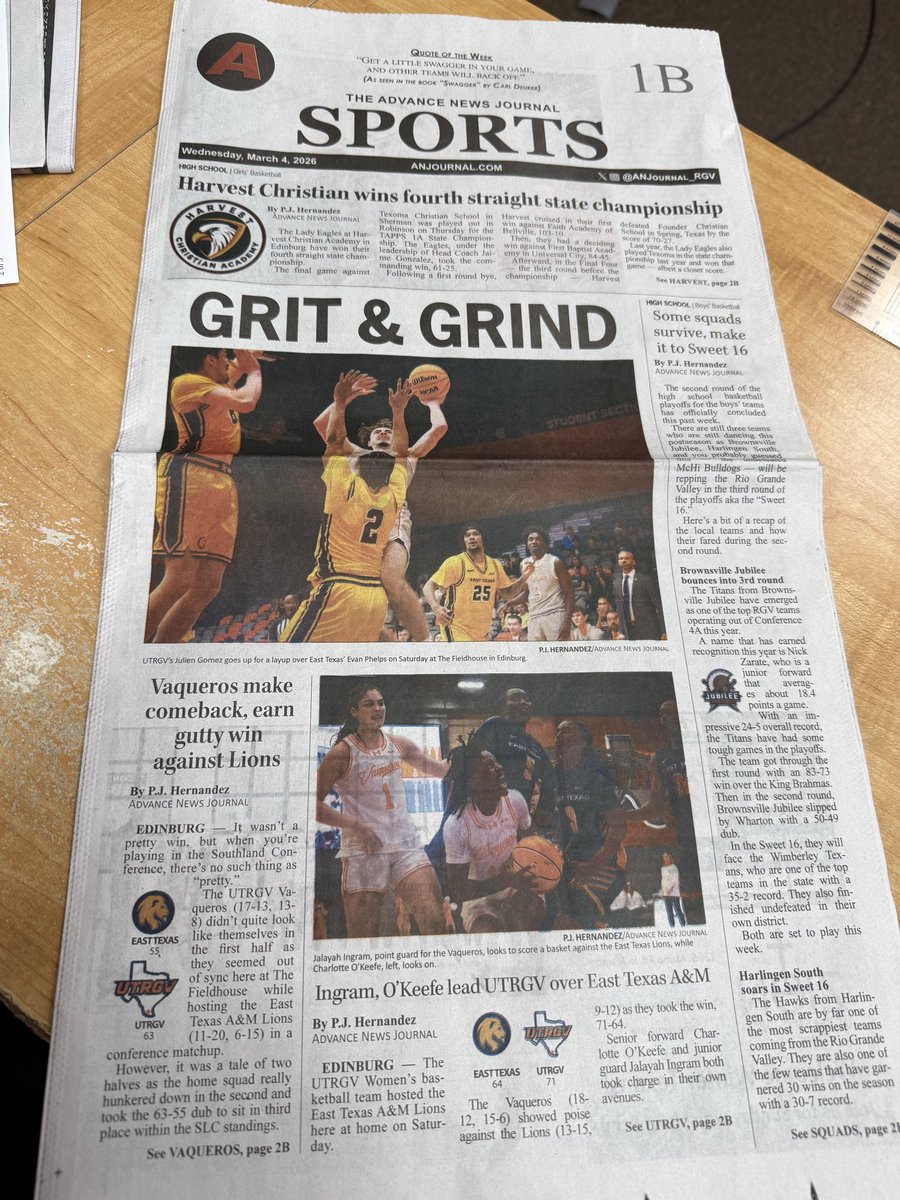 PJHernandez_'s tweet photo. Really dug how today’s sports cover for @ANJournal_RGV turned out this week! 🏀📰

Tons of basketball coverage from high school to college. #UTRGV #RGV https://t.co/0OXZMia3ql