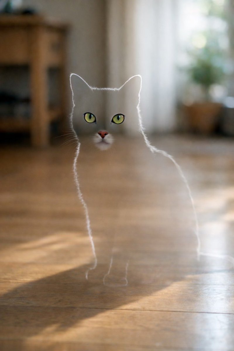 nekocomplete's tweet photo. No.003｜透明猫（とうめいねこ）

生息地：
光が静かに差し込む室��

生態：
・体が半透明で光を通す
・光の角度によって輪郭だけ見える
・影だけは普通の猫と同じ

※影だけ残る例がある。

#まぼろし猫図鑑
#猫
#創作
#架空生物 https://t.co/n0EBlqlzQc