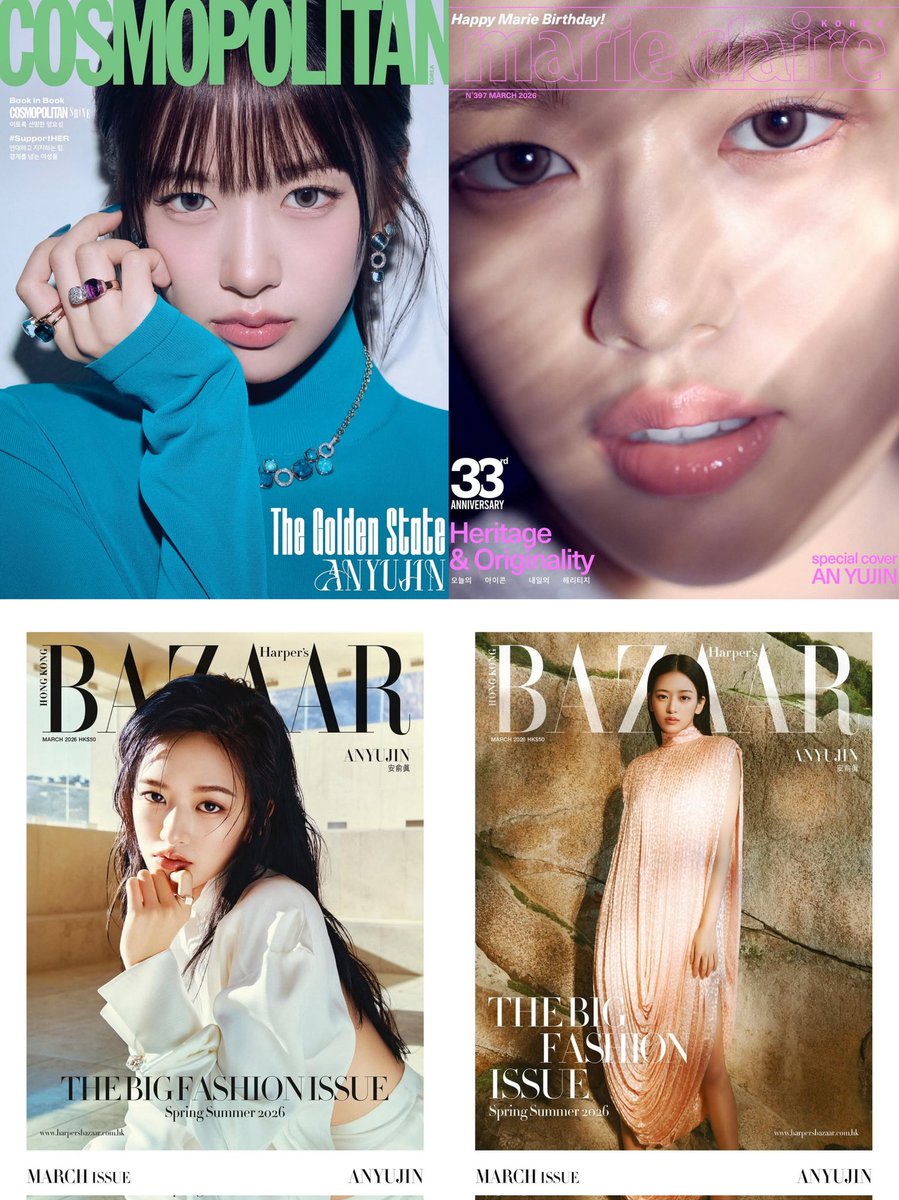 #ANYUJIN — 1 issue, 3 magazines, 4 covers.

March marks one of the important issues in the fashion world, the start of the S/S season.

✨ Cosmopolitan Korea x Pomellato
✨ Marie Claire Korea x Tom Ford Beauty 
✨ Harper's Bazaar Hong Kong x Louis Vuitton

From Italian high