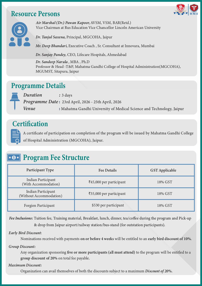 sandeeprt2004's tweet photo. 3 day #MDP (Management Development Program) #MGUMST(Mahatma Gandhi University of Medical Sciences &amp; Technology, #JAIPUR)- “DIGITAL TRANSFORMATION, AI and DATA DRIVEN HOSPITAL MANAGEMENT" (23rd April -25th April.2026)   pl contact: drsandeepnarula@mgumst.org 8058760911/8209425385 https://t.co/akkZOPEh2i