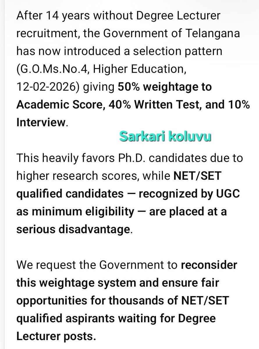 SarkariKoluvu's tweet photo. (https://t.co/SnLnyUdGMi.4, Higher Education, 12-02-2026) while NET/SET qualified candidates are placed at a serious disadvantage. We request the Government to reconsider @revanth_anumula @TelanganaCMO
@Bhatti_Mallu @mamidala90
@ugc_india #SocialJustice #NETSET #DegreeLecturer https://t.co/S3tmLT51gG