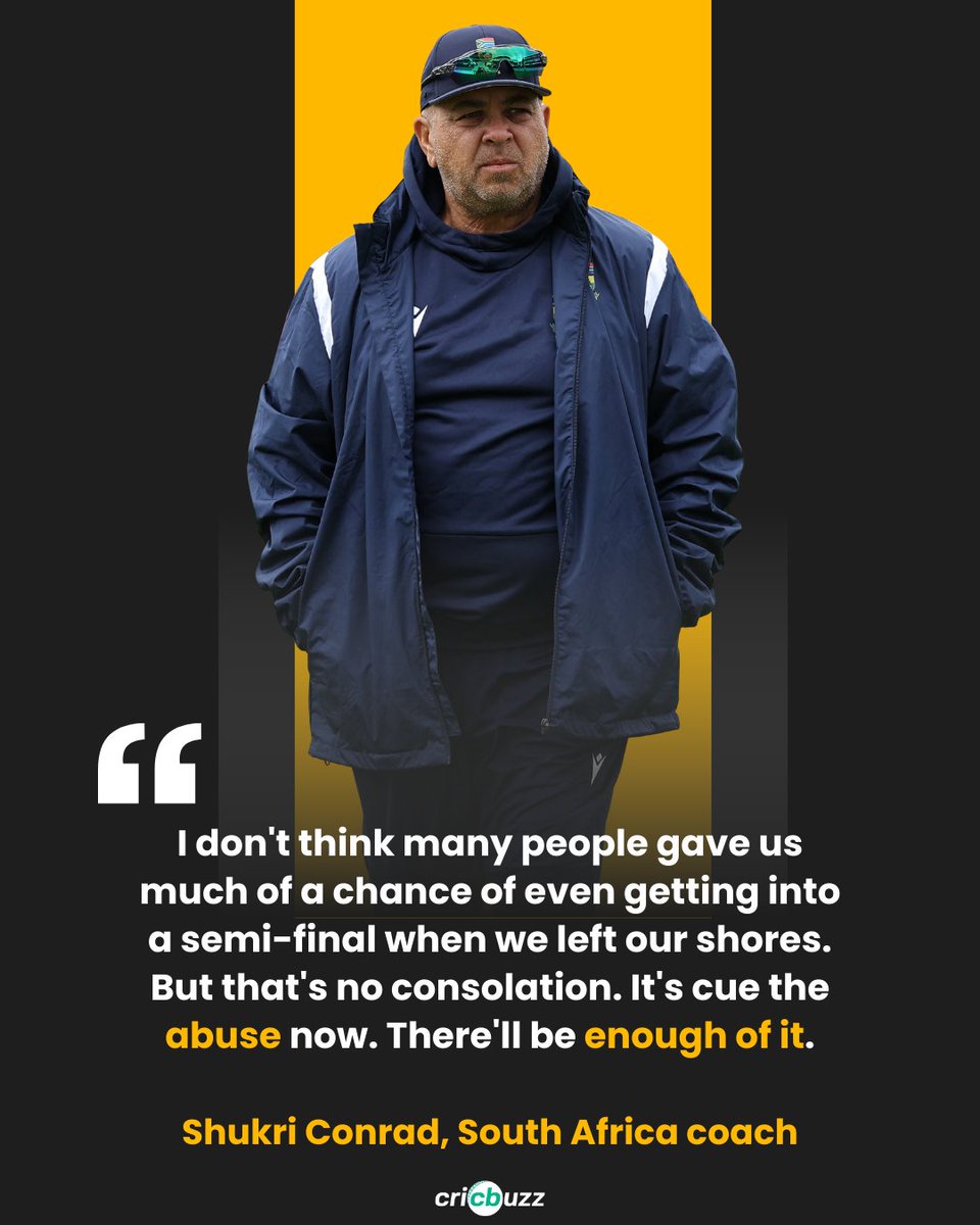 cricbuzz's tweet photo. South Africa’s head coach says he’s bracing for plenty of “abuse” now 🫣

#SAvNZ #T20WorldCup https://t.co/ENH5iJVtrW