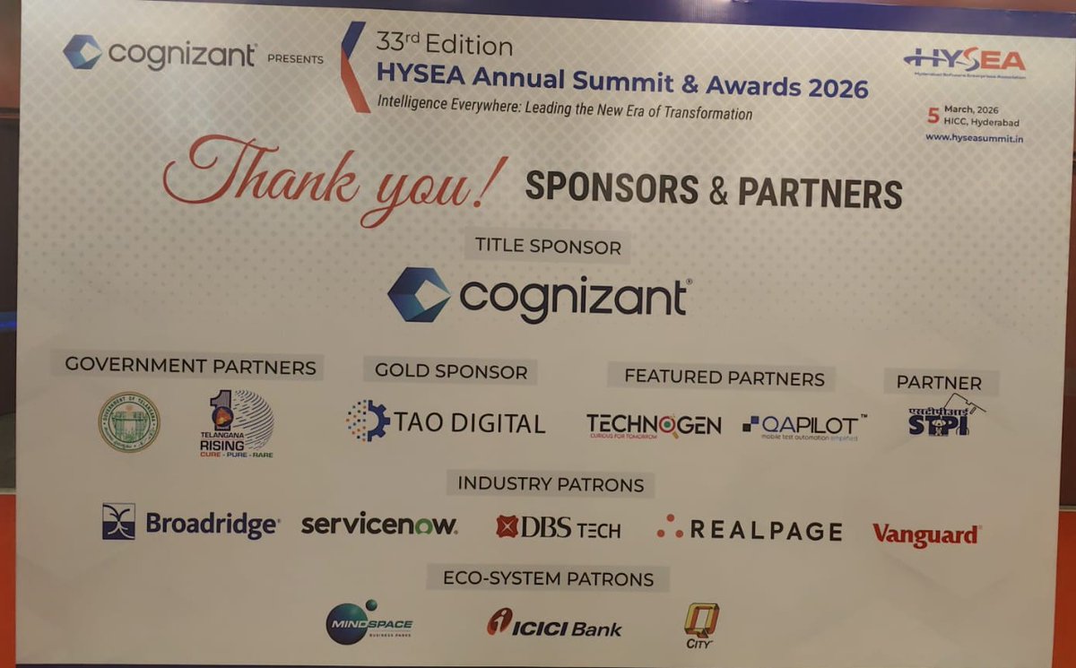 STPIHyderabad's tweet photo. Today, 33rd Edition of HYSEA Annual Summit &amp; Awards 2026 being happening at HICC #Hyderabad in partnership with @stpiindia. #STPIINDIA @HYSEA1991 @GoI_MeitY  @arvindtw @guptaa_sanjay @kavithac8 https://t.co/dV5T2JwOBh