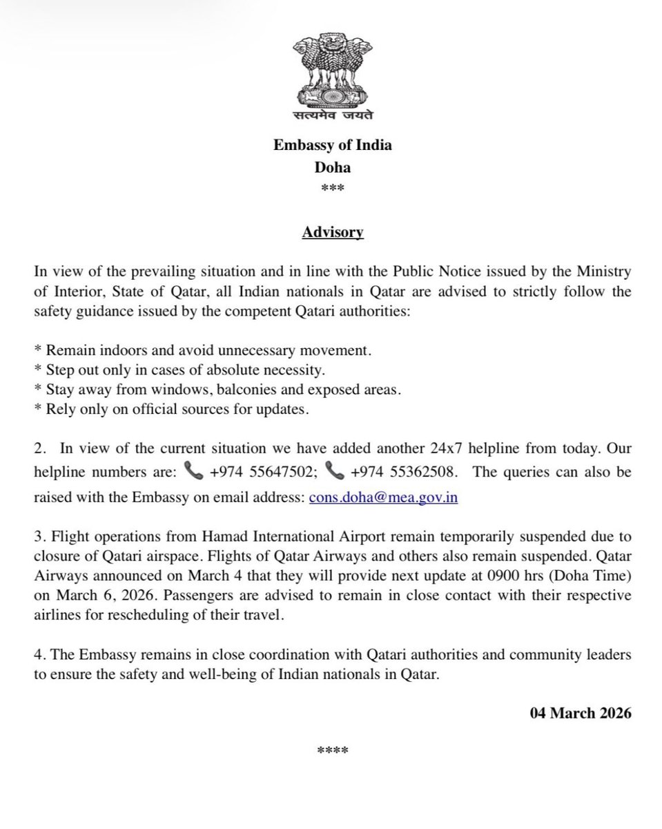 कतर में रहने वाले भारतीय के लिए महत्वपूर्ण सूचना 🇮🇳 <a href="/MEAIndia/">Randhir Jaiswal</a> <a href="/DrSJaishankar/">Dr. S. Jaishankar</a> <a href="/PIBHomeAffairs/">PIB - Ministry of Home Affairs</a>