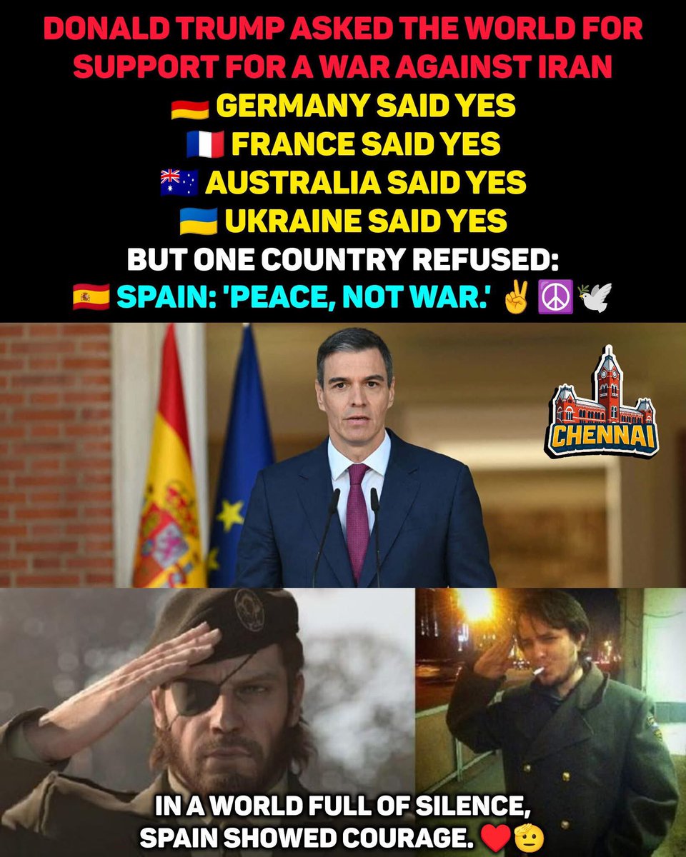 memeschennai's tweet photo. πͺπΈ Spain stands tall! βPeace, not war.β ποΈ
In a world full of silence, Spain showed true courage and leadership. ππͺ
#SpainStandsStrong #PeaceOverWar #CourageousSpain #LeadingByExample #ProudMoment #GlobalInspiration #StandForPeace https://t.co/SgCS7WIDr3