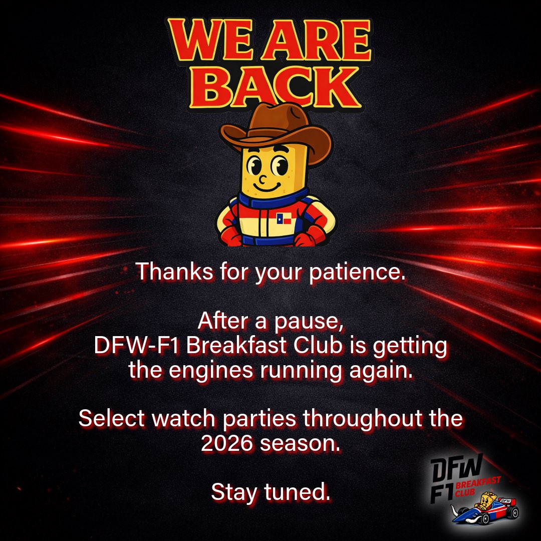DFWF1Club's tweet photo. We’re back. 🏁

Sorry for the silence and the pause. Life and responsibilities got busy, but as soon as our schedules allow it, we’ll be back watching races together.

Stay tuned for upcoming watch parties.
 #F1 #DFWF1 https://t.co/wNOV9H2sD4