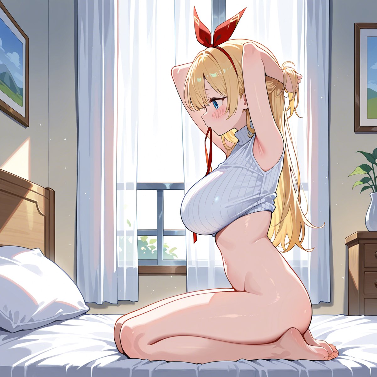 sekisharivan's tweet photo. Positive:
1girl, blonde, big tits, 
white turtleneck sweater, naked lower body, barefoot, both hands behind head, holding a short ribbon on mouth, blush, 
morning, bedroom, 
view from side, https://t.co/SwGzBadgEU