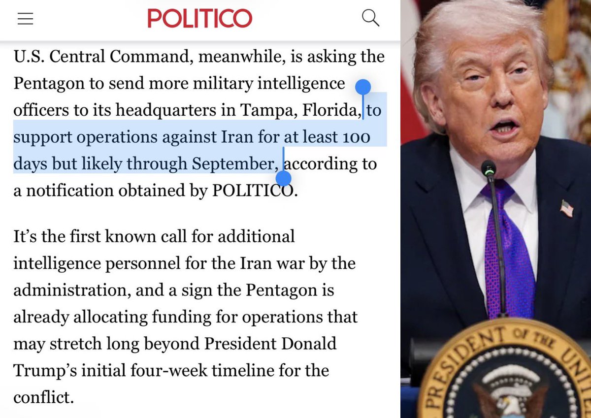 According to Politico the Pentagon is planning for war with Iran through September.🤔

Our tax dollars at work for Trump and Bibi’s war of choice, enriching defense contractors (and distracting from the Epstein Files)

politico.com/news/2026/03/0…