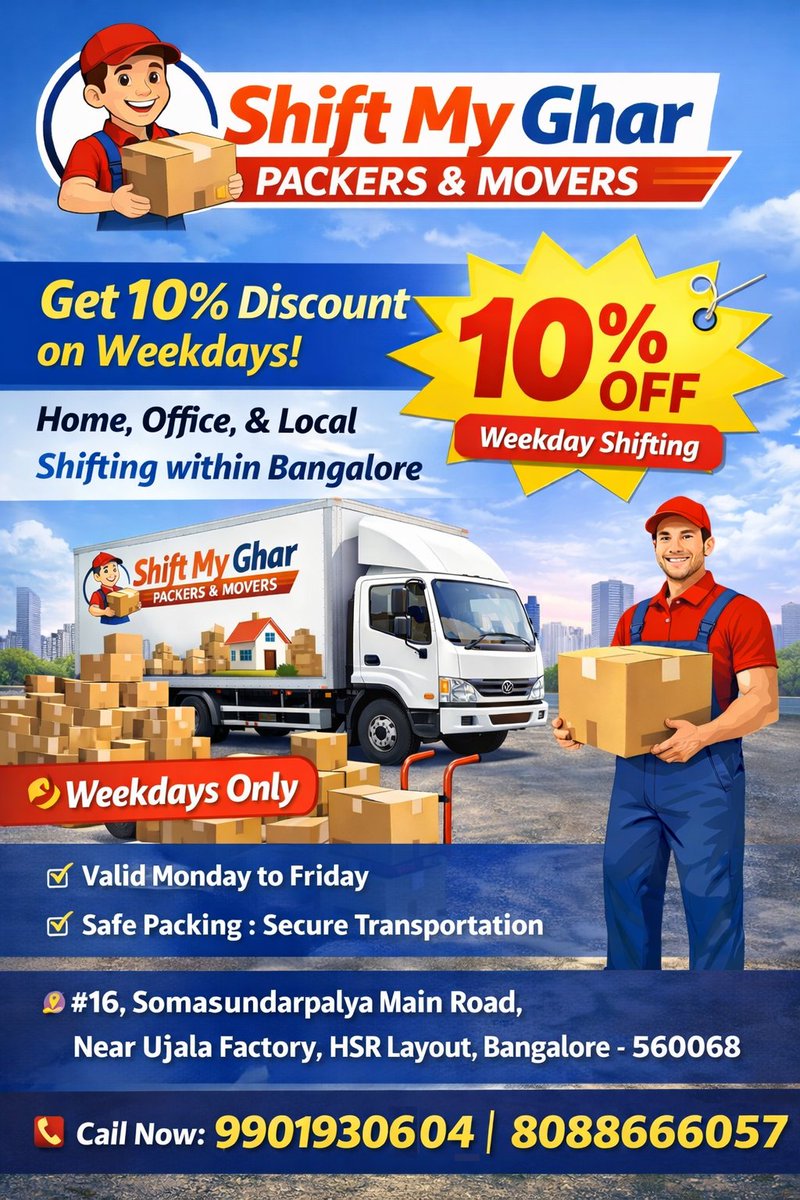 shiftmyghar's tweet photo. Now save more on your move with Shift My Ghar Packers and Movers!

✅ Flat 10% Discount on Weekday Shifting (Monday to Friday)
✅ Valid on Home Shifting &amp; Office Relocation within Bangalore
✅ Safe Packing | Secure Transport | On-Time Delivery https://t.co/7I7XWi7ckc